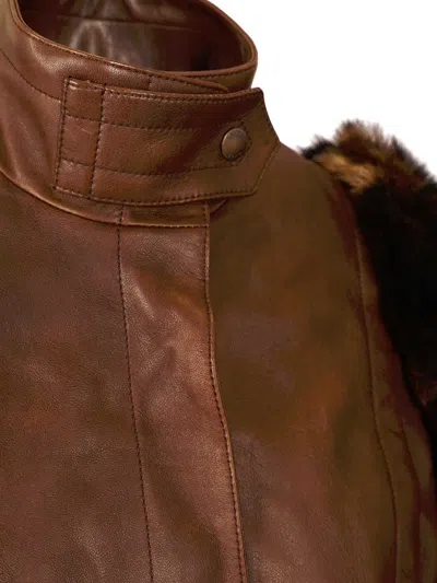 Chloé Leather Jacket With Belted Waist And Fur Sleeves In Brown
