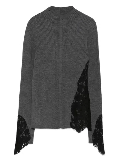 Pinko Samoa Lace-insert Ribbed Sweater In Gray