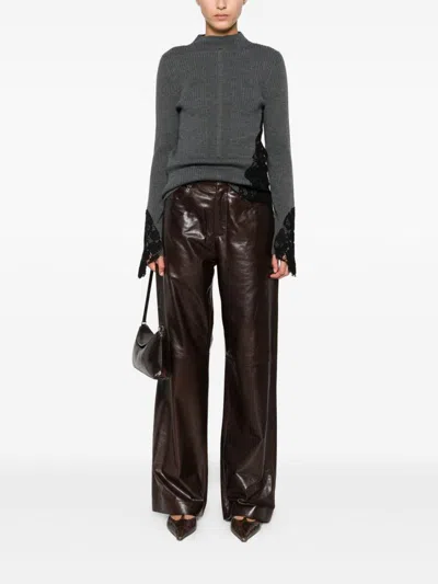 Pinko Samoa Lace-insert Ribbed Sweater In Gray