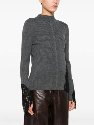 Pinko Samoa Lace-insert Ribbed Sweater In Gray