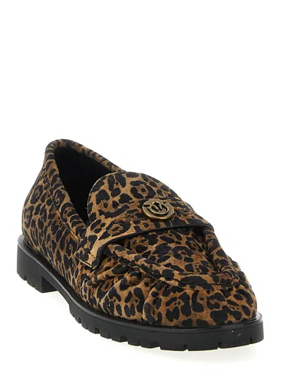 Pinko Brown Loafers With Leopard Print And Logo Plaque In Leather Woman In Multi