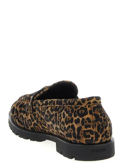 Pinko Brown Loafers With Leopard Print And Logo Plaque In Leather Woman In Multi