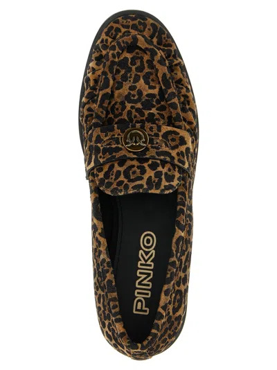 Pinko Brown Loafers With Leopard Print And Logo Plaque In Leather Woman In Multi