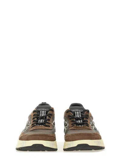 Premiata Layered Brown Sneakers With Textured Accents And Cream Sole In Brown