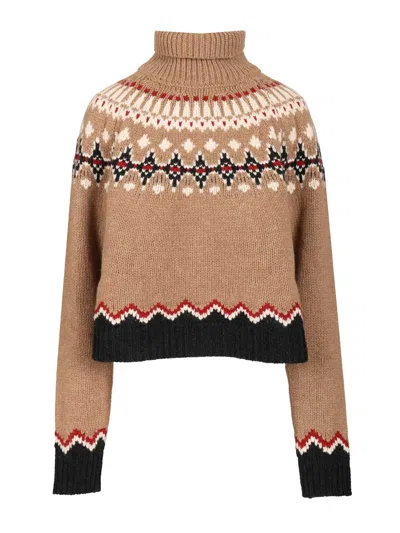 Alanui Patterned Camel Turtleneck Sweater With Geometric And Floral Motifs In Multi
