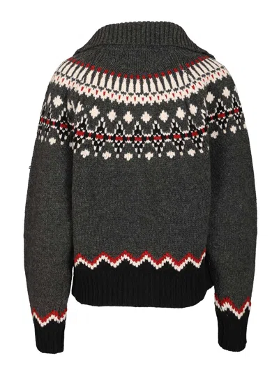 Alanui Sweet Winter Multicolor Cardigan With Spread Collar And Geometric Motif In Wool Woman In Gray