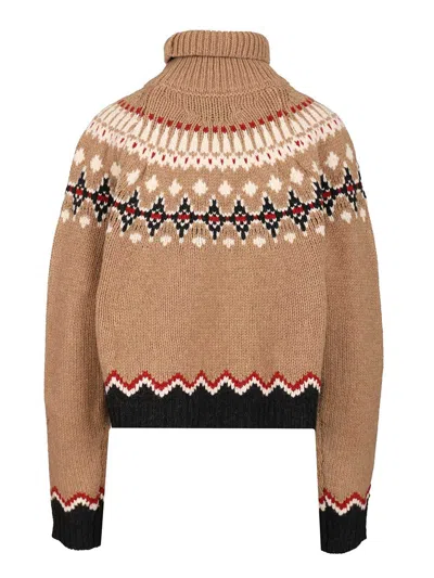 Alanui Patterned Camel Turtleneck Sweater With Geometric And Floral Motifs In Multi