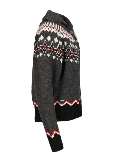 Alanui Sweet Winter Multicolor Cardigan With Spread Collar And Geometric Motif In Wool Woman In Gray