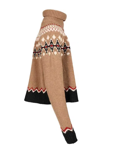 Alanui Patterned Camel Turtleneck Sweater With Geometric And Floral Motifs In Multi