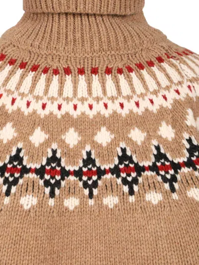 Alanui Patterned Camel Turtleneck Sweater With Geometric And Floral Motifs In Multi