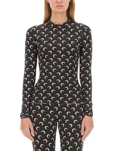 Marine Serre Fitted Long-sleeve Top With Crescent Moon Pattern In Black
