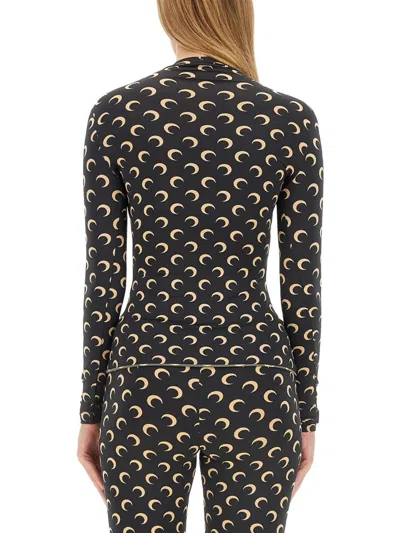 Marine Serre Fitted Long-sleeve Top With Crescent Moon Pattern In Black