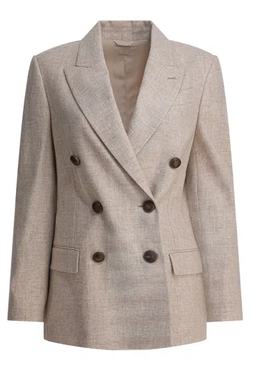 Brunello Cucinelli Beige Double-breasted Jacket With Notched Revers In Virgin Wool Blend Woman In Neutral