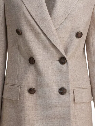 Brunello Cucinelli Beige Double-breasted Jacket With Notched Revers In Virgin Wool Blend Woman In Neutral