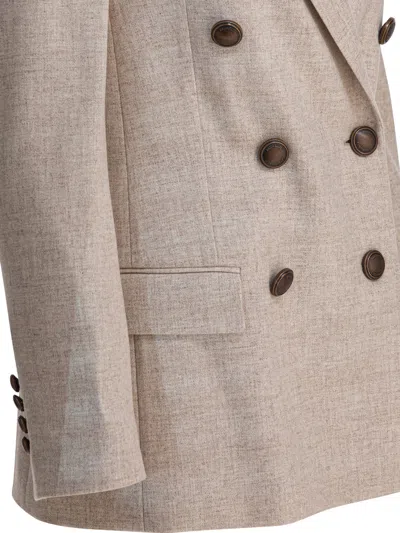 Brunello Cucinelli Beige Double-breasted Jacket With Notched Revers In Virgin Wool Blend Woman In Neutral
