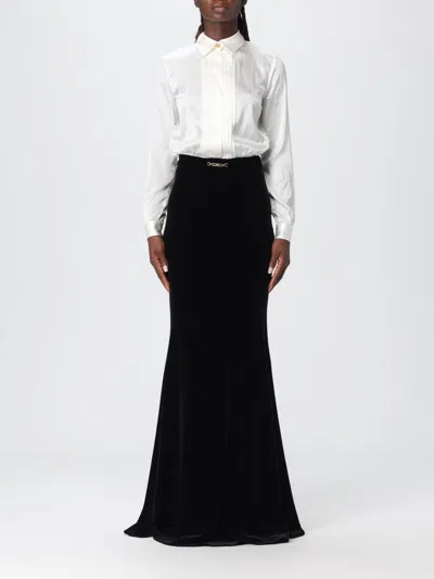 Elisabetta Franchi Long Red Carpet Dress In Satin And Velvet In White