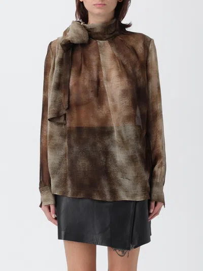 Elisabetta Franchi Sheer Silk Blouse With Integrated Scarf In Brown