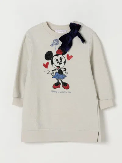 Monnalisa Kids' White Crewneck With Bow Detail On The Front And Print On The Front In Cotton Blend Girl In Neutral