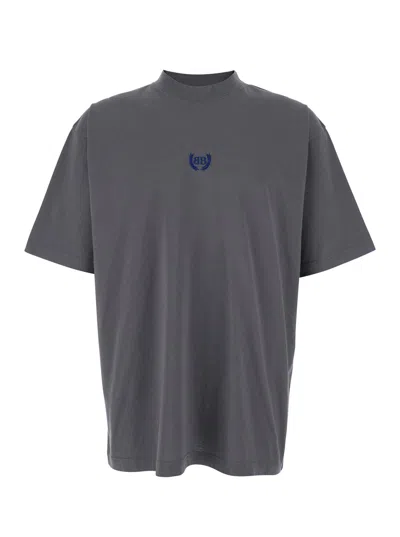 Balenciaga Men Grey Crewneck T-shirt With Logo Embroidery On The Front In Cotton Man In Gray