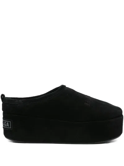 Balenciaga Suede Mules With Rounded Toe And Elevated Platform Sole In Black