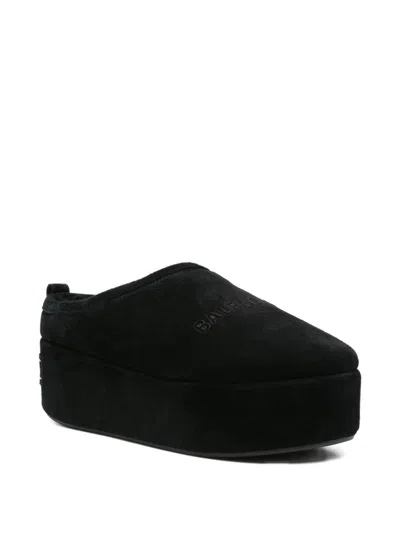 Balenciaga Suede Mules With Rounded Toe And Elevated Platform Sole In Black