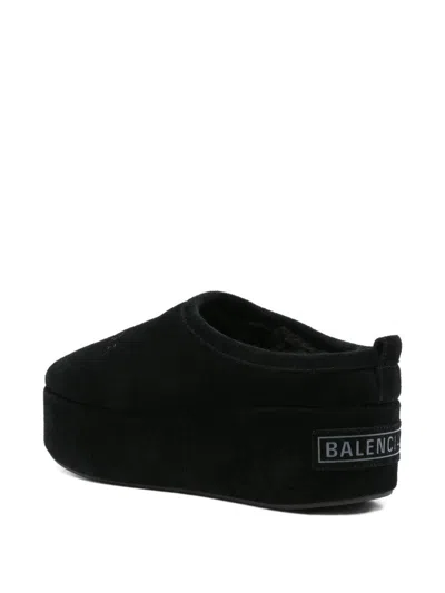 Balenciaga Suede Mules With Rounded Toe And Elevated Platform Sole In Black