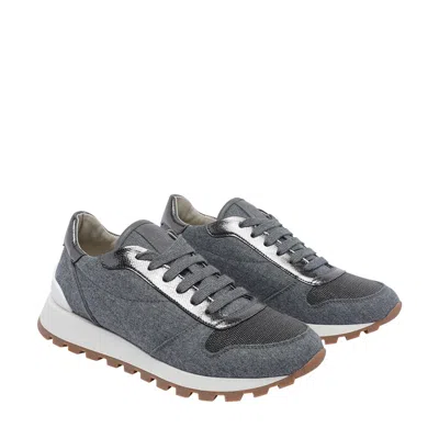 Brunello Cucinelli Runners In Techno Fabric And Calfskin With Precious Trim In Gray