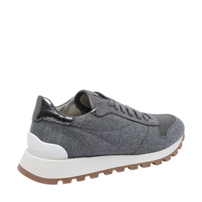 Brunello Cucinelli Runners In Techno Fabric And Calfskin With Precious Trim In Gray