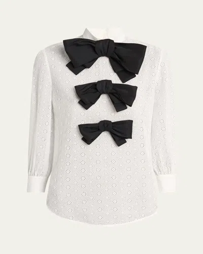 Valentino Bow Eyelet Mock-neck Top In White