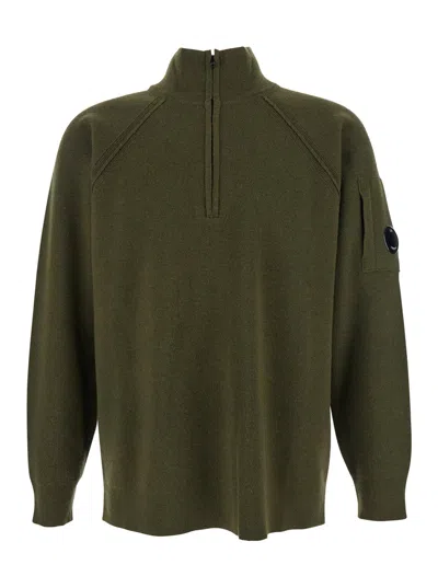 C.p. Company Men Green Turtleneck Sweater With Logo Plaque On The Sleeve In Wool Man In Multi