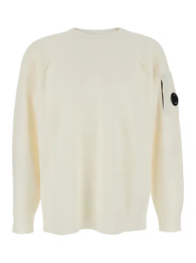 C.p. Company Men White Crewneck Sweater With Logo Plaque On The Sleeve In Wool Blend Man In White