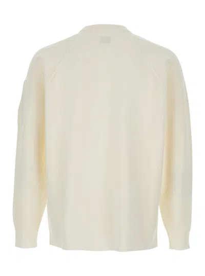 C.p. Company Men White Crewneck Sweater With Logo Plaque On The Sleeve In Wool Blend Man In White