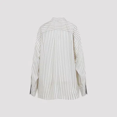 Carven Off-white Silk Shirt With Vertical Grey Stripes And Pointed Collar In White