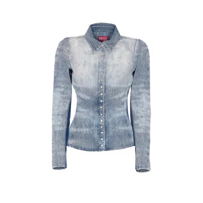 Diesel Shirt In Distressed Honeycomb Denim In Blue