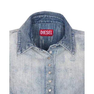 Diesel Shirt In Distressed Honeycomb Denim In Blue
