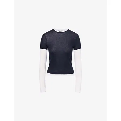 Me And Em And Em Womens Navy/soft White Sheer Rib Double-layer Cotton-jersey Top In Blue