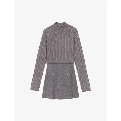 Maje Womens Grey Removable Jumper Ribbed Wool-blend Knitted Dress In Gray