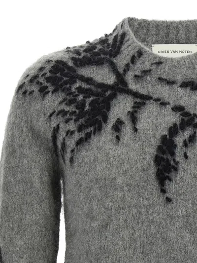 Dries Van Noten Mouche Embroidered Wool Sweater In Gray