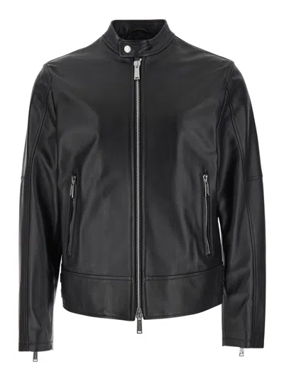 Dsquared2 Men Black Biker Jacket With Mandarin Collar And Waist Straps In Leather Man In Multi