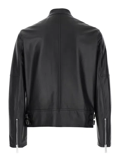 Dsquared2 Men Black Biker Jacket With Mandarin Collar And Waist Straps In Leather Man In Multi