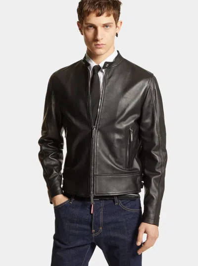 Dsquared2 Men Black Biker Jacket With Mandarin Collar And Waist Straps In Leather Man In Multi