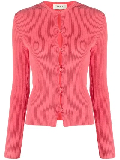 Fendi Ribbed Texture Long Sleeves Round Neck In Pink