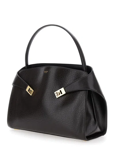 Ferragamo Hug Black Shoulder Bag With Logo Print On The Front In Leather Woman In Multi