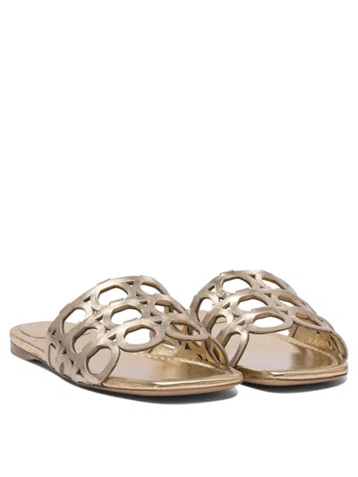 Ferragamo Gold Leather Sandals With Cut-out Design In Pink