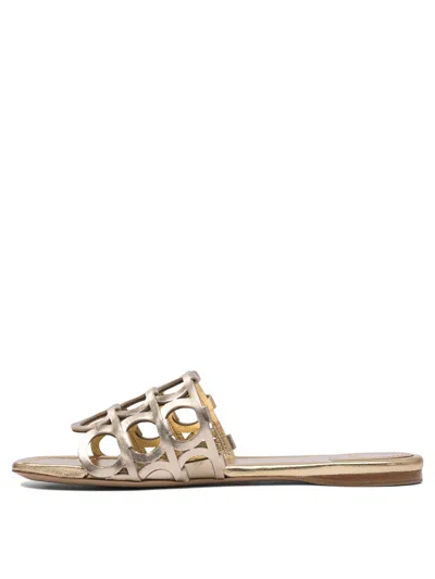 Ferragamo Gold Leather Sandals With Cut-out Design In Pink
