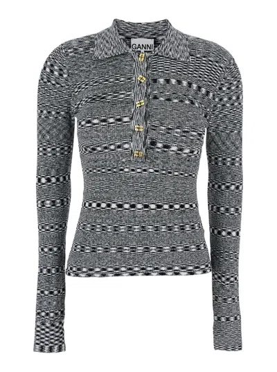 Ganni Black And White Polo Shirt With All-over Space-dye Effect And Button Closure In Fabric Woman In Multi