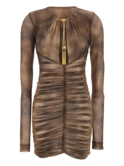 Elisabetta Franchi Dress In Tulle Fabric With Python Print And Necklace In Brown