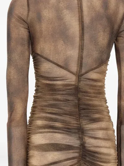 Elisabetta Franchi Dress In Tulle Fabric With Python Print And Necklace In Brown