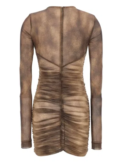 Elisabetta Franchi Dress In Tulle Fabric With Python Print And Necklace In Brown