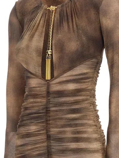 Elisabetta Franchi Dress In Tulle Fabric With Python Print And Necklace In Brown